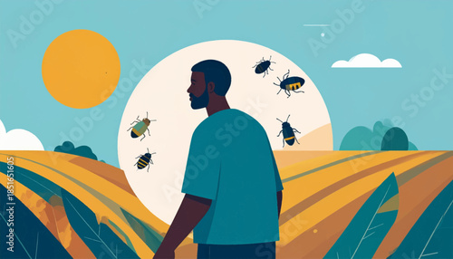 Illustration of a man standing in a field with flying insects, with a bright sun overhead