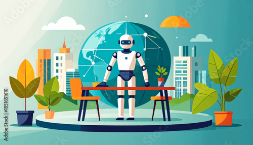 Simplified cartoon of robot standing at desk, earth behind. Flat cartoon style, stylized shapes and textures