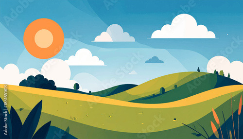 Simplified flat landscape illustration with rolling hills and a stylized sun in a blue sky