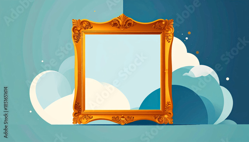 Ornate gold frame on pale blue surface and sky background with puffy clouds, half light, half dark