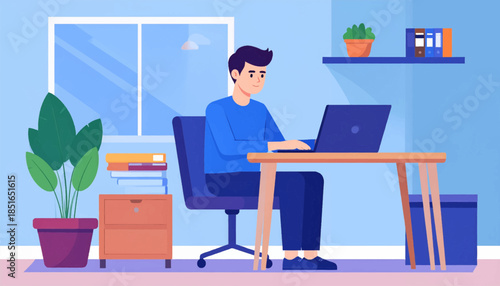 Illustration of a man working on a laptop in his home office with desk, plant, window, and shelf