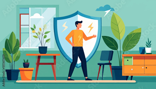 Illustration of a man standing in front of a shield in a room with plants and furniture