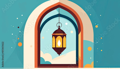Ornate window frames a hanging lantern, with pale blue background and orange dots