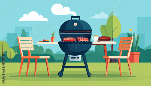 Outdoor barbecue scene Grill with steaks, two chairs, table, and green surroundings under a clear blue sky