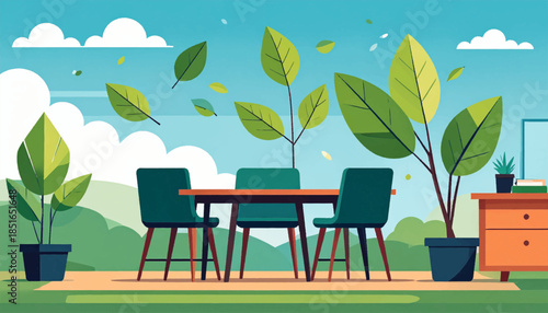 Outdoor dining area on a patio with a table, chairs, potted plants, blue sky, and distant green hills