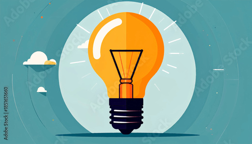 Simplified illustration of an illuminated light bulb over a layered blue background with stylized clouds