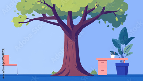 Simplified illustration of a tree, desk, chair, and plant against a light blue background, evoking a calm atmosphere