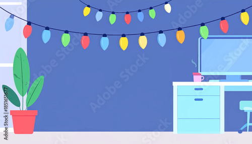 Illustration of a modern office with fairy lights, plant, desk, computer and a hot drink