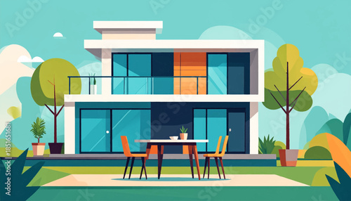 Illustration of a modern, two-story house with outdoor furniture and landscaping on a sunny day