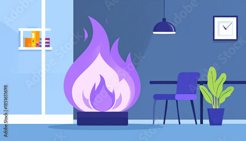 Simplified interior stylized purple fire, chair, desk, plant, and shelf with books, against a blue wall