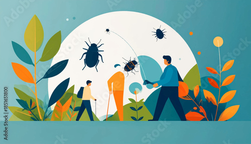 Simplified vector scene of people interacting with oversized insects in a stylized landscape