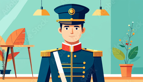 Illustration of a person in a formal military uniform, standing indoors with plants and lamps