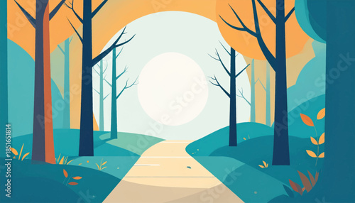 Simplistic forest path scene with stylized trees and a large bright sun in the background