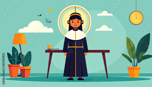 Illustration of a person in a robe standing by a desk, plants, and a clock