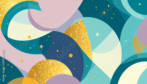Overlapping crescents in teal, gold and purple hues. Tiny golden stars scattered across navy areas