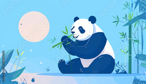 Panda joyfully munches on bamboo shoots under the soft glow of a pale moon, surrounded by lush foliage
