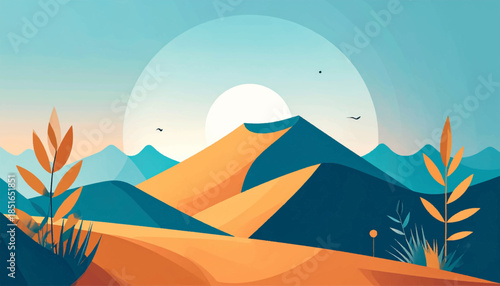 Simplistic landscape with orange dunes, teal hills, plants, against a bright sky with sun