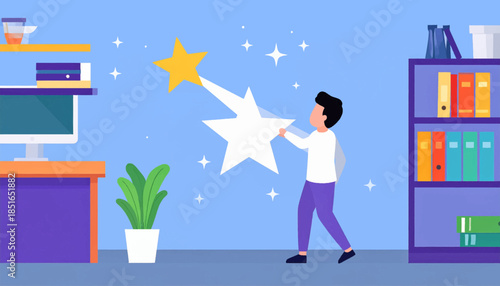 Illustration of a person shifting a golden star into a larger white star in a room with a desk and bookshelf