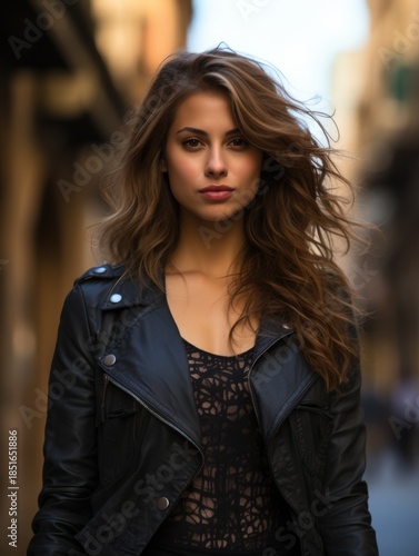 Confident young woman in a leather jacket walking down an urban street.