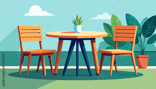 Patio scene round table, two chairs, potted plants, and sky with clouds, stylized and colorful outdoor scene