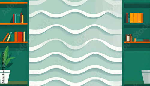 Illustration of a room with bookshelves, books, a plant, and an abstract wavy wall design