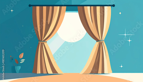 Illustration of a room with curtains open, a plant on the left, and stars on the wall