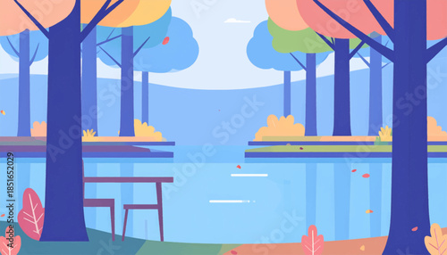 Peaceful scene with abstract trees and a table by blue waters under a cloudy sky