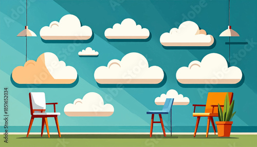 Illustration of a room with floating clouds, chairs, plant, and hanging lamps, bathed in artificial light