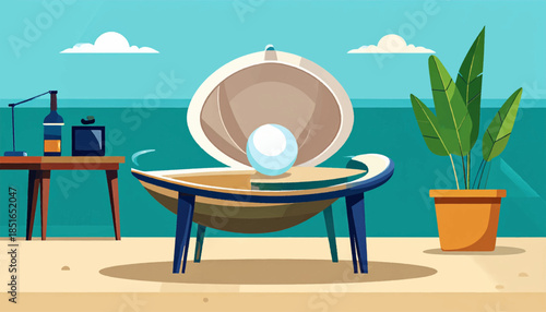 Pearl in clam on table, bottle and plant nearby, seaside background in a vector style illustration