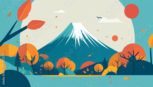Illustrated scene of a snowy mountain surrounded by trees in autumn, with birds and leaves