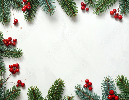 Festive Christmas frame with fir tree branches and red berries on a white textured background.