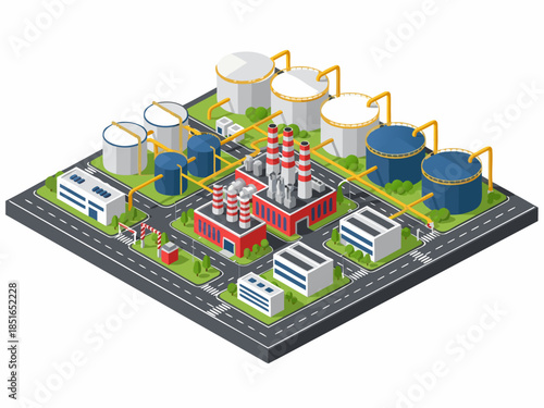 Industrial oil and gas processing plant with storage tanks and refinery structures