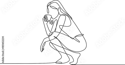 Continuous line drawing of a woman drinking coffee in a relaxed pose Vector, illustration