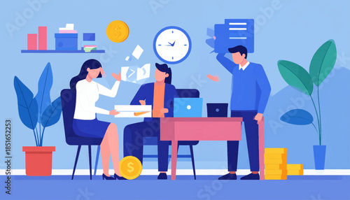 People work in an office setting. They are discussing business matters while standing around a desk