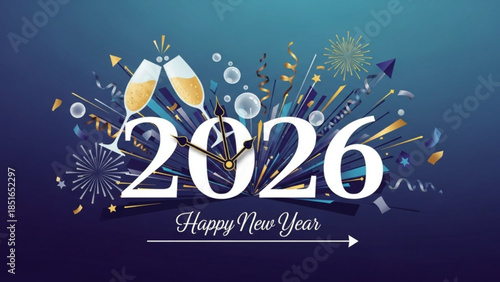 New year 2026 celebration with champagne glasses and fireworks decorations on dark blue