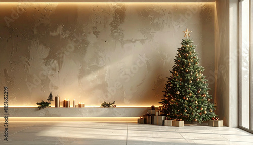 Modern minimalist living room decorated for Christmas with a festive tree, wrapped gifts, and warm ambient lighting.