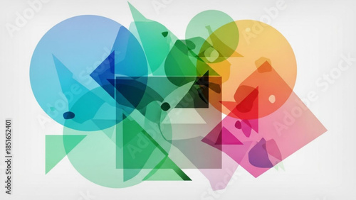 Vibrant abstract composition with colorful geometric shapes and transparent overlays in blue