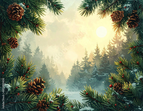 Winter forest scene framed by festive pine branches with snow-dusted pinecones and red berries, bathed in the warm glow of a setting sun.