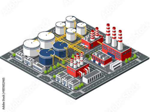 Isometric industrial complex with storage tanks, pipelines, and factory buildings, representing manufacturing and energy production