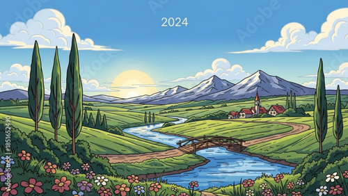Serene landscape with river, mountains, and village under sunny blue sky with fluffy clouds