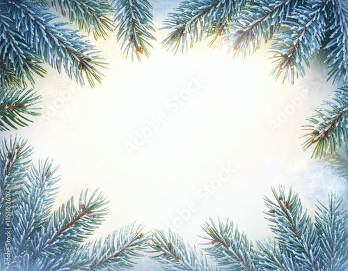 Beautiful frosted blue spruce branches creating a festive winter frame with a bright, soft background.