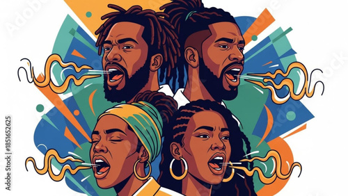 Four diverse people with dreadlocks and braids shouting with colorful abstract background