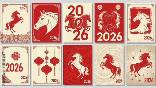 Vibrant 2026 Lunar New Year horse designs, an elegant collection for festive greetings and cultural celebrations, blending tradition with modern aesthetics