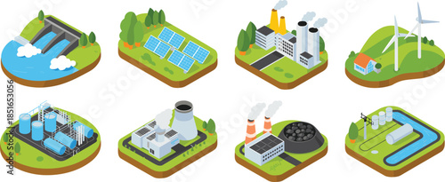 Isometric energy production illustration set showing renewable and industrial power sources, solar, wind, hydro, thermal plants, electricity infrastructure concepts