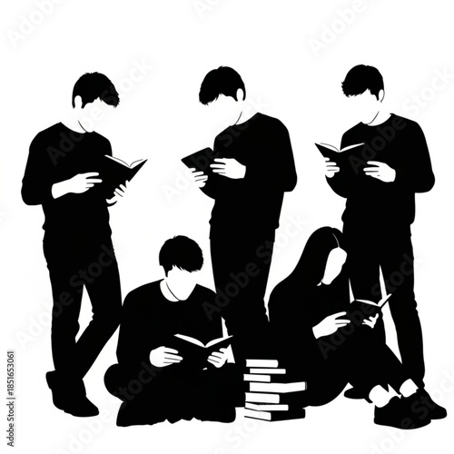 Silhouette of five people reading books together in a group setting
