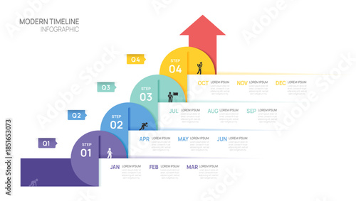 Business step timeline infographic arrow template. Modern milestone element timeline diagram calendar and 4 quarter topics, vector infographics.
