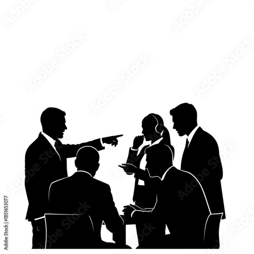 Silhouette of business people in a meeting with one person pointing accusatory