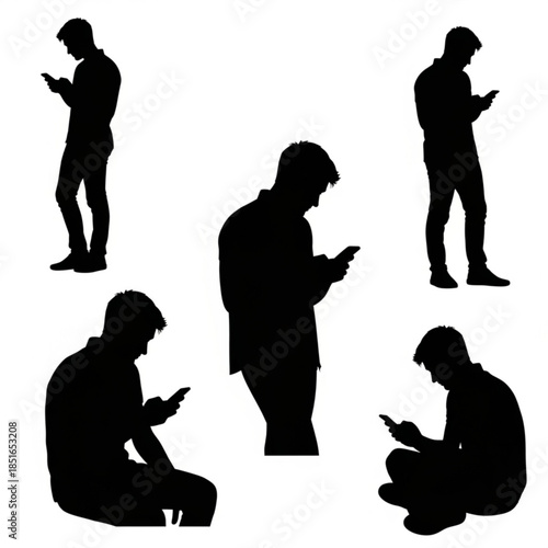 Silhouettes of people using smartphones in various poses