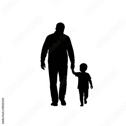 Silhouette of a man and a little boy holding hands walking together