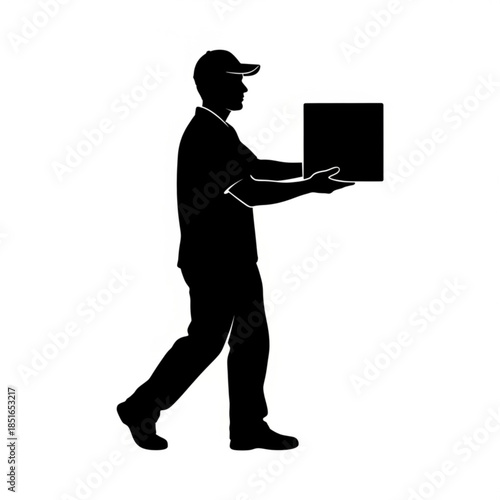 Silhouette of a delivery man carrying a box in a walking posture